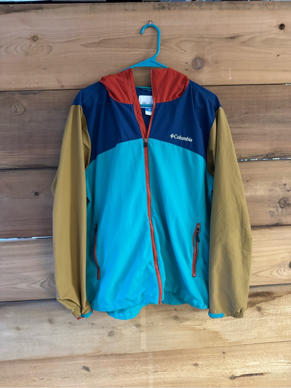 Columbia Teal, Navy & Mustard Colorblock Hooded Windbreaker - small stain